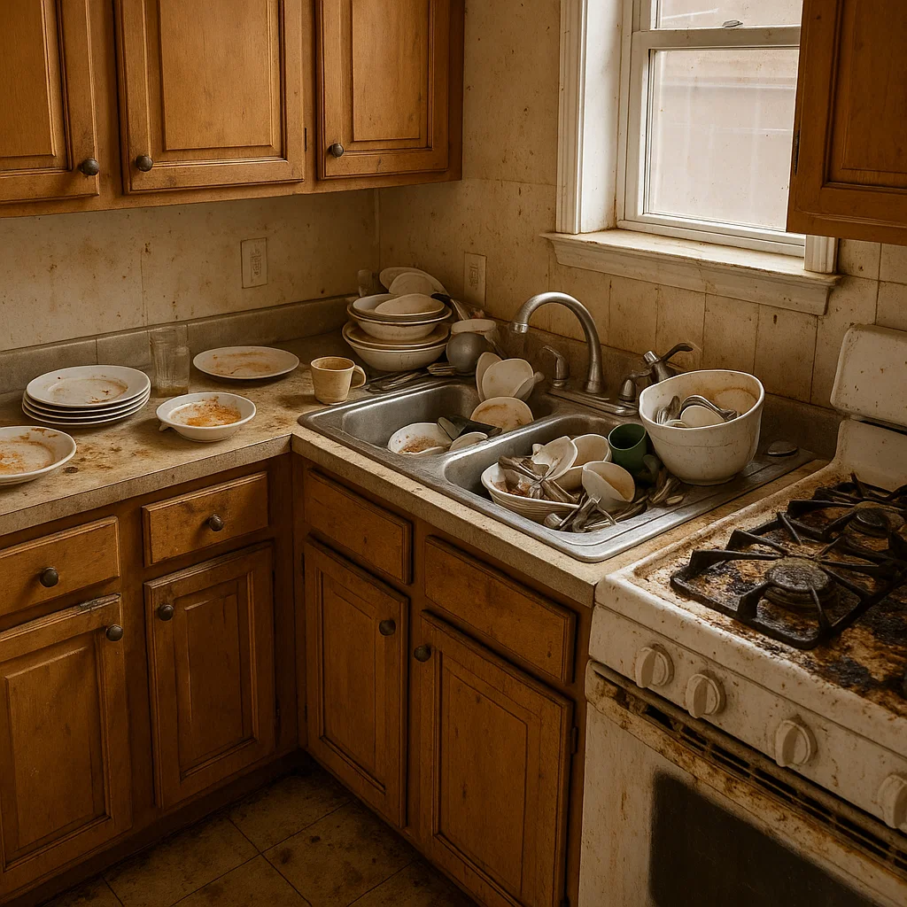 Messy kitchen with dirty dishes before professional cleaning.